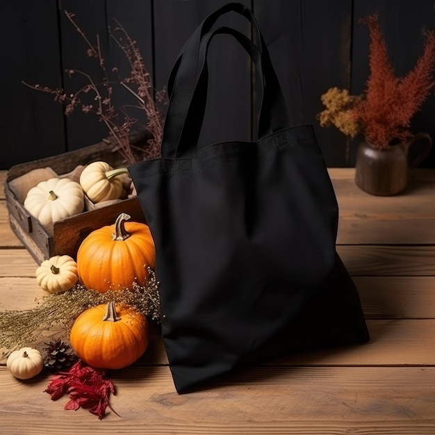 Photo modèle de sac fourre-tout noir sac de shopping noir sur table avec détails d'halloween maquette de produit minimaliste