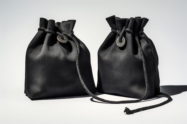 Modèle d'un sac en tissu noir pour bijoux et bijoux de costume isolé sur un fond blanc