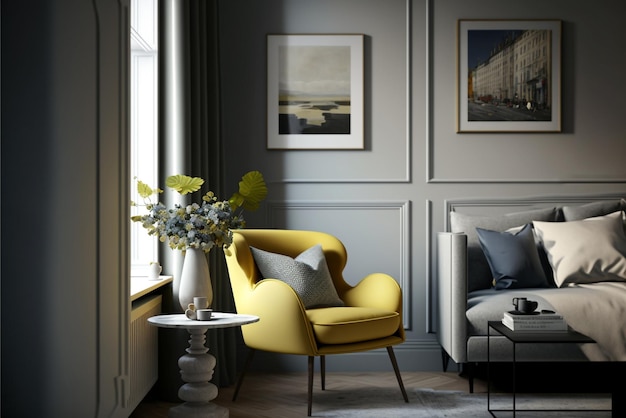 Modèle de salon de luxe modèle d'intérieur lumineux avec fauteuil jaune IA générative