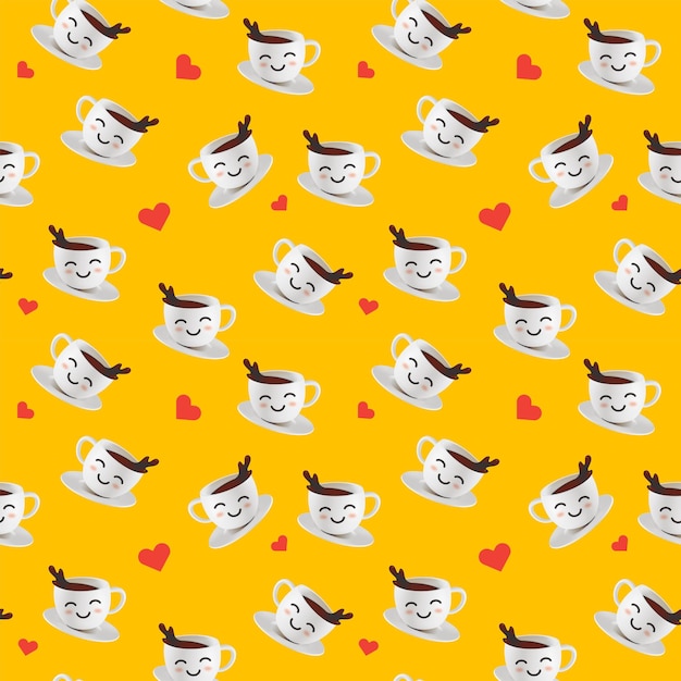 Modèle sans couture 3d avec tasse à café et coeur sur fond de couleur jaune Conception 3d d'illustration de café pour bannière