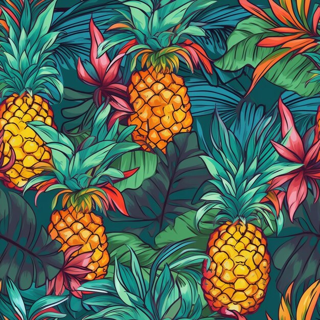 Modèle sans couture avec ananas sur fond de feuilles tropicales.