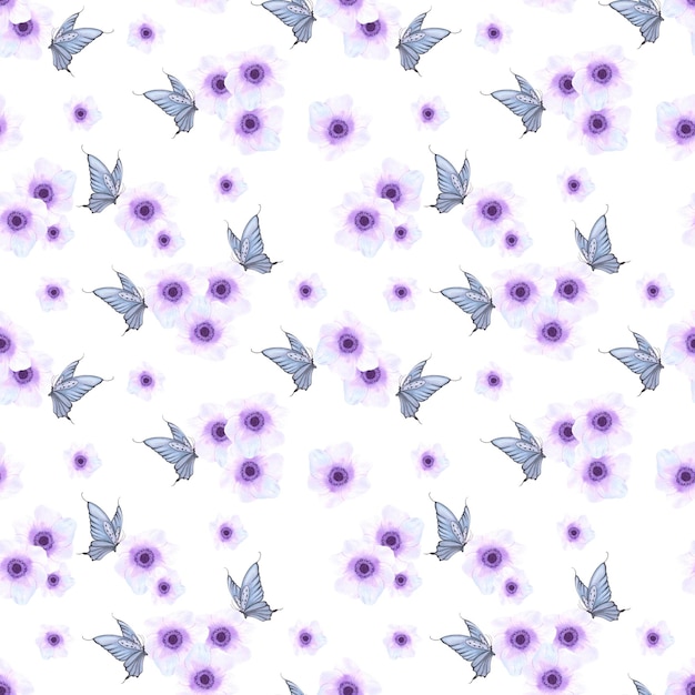 Modèle sans couture d'anémone et de papillon dessiné à la main Aquarelle fleurs violettes avec papillon bleu et rose sur fond blanc Scrapbook affiche étiquette bannière textile