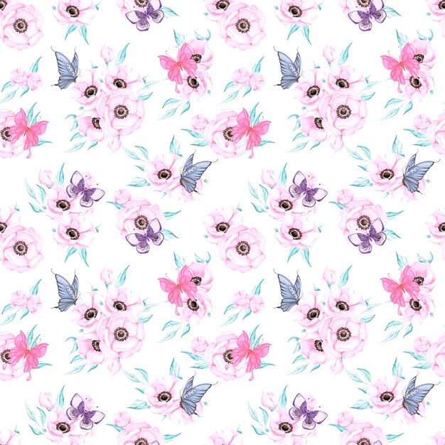 Modèle sans couture d'anémone et de papillon dessiné à la main Aquarelle fleurs violettes avec papillon bleu et rose sur fond blanc Scrapbook affiche étiquette bannière textile