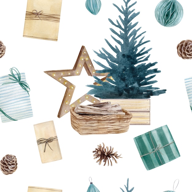 Modèle sans couture aquarelle avec arbre de Noël dans un style scandinave.