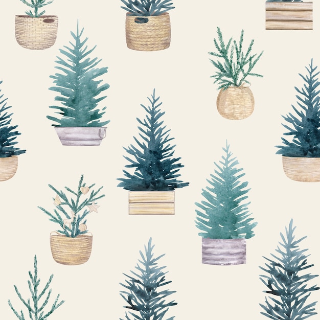 Modèle sans couture aquarelle avec arbre de Noël dans un style scandinave.