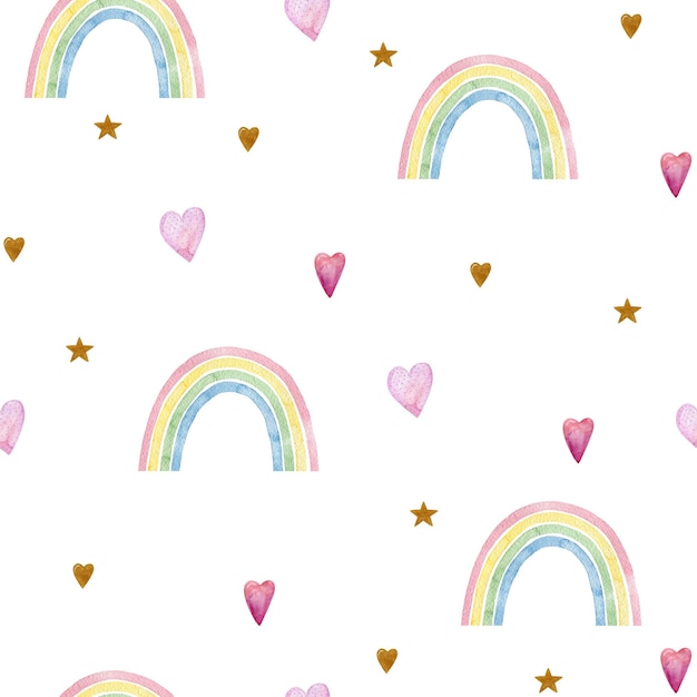 Modèle sans couture aquarelle avec arcs-en-ciel et coeurs