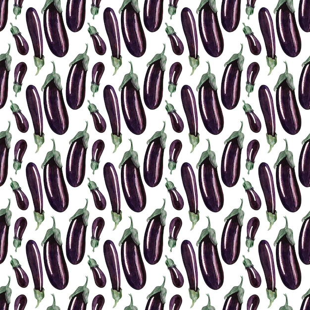 Modèle sans couture aquarelle avec des aubergines brillantes mûres