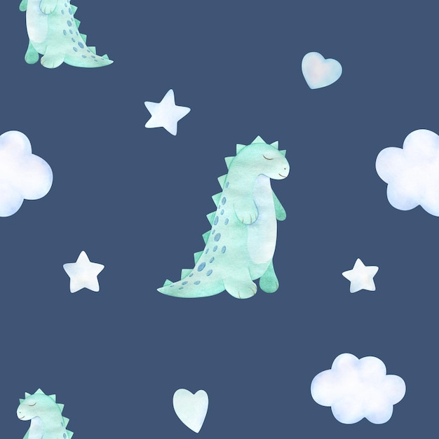 Modèle sans couture aquarelle bébé avec nuages et étoiles de dinosaure à la menthe jouet