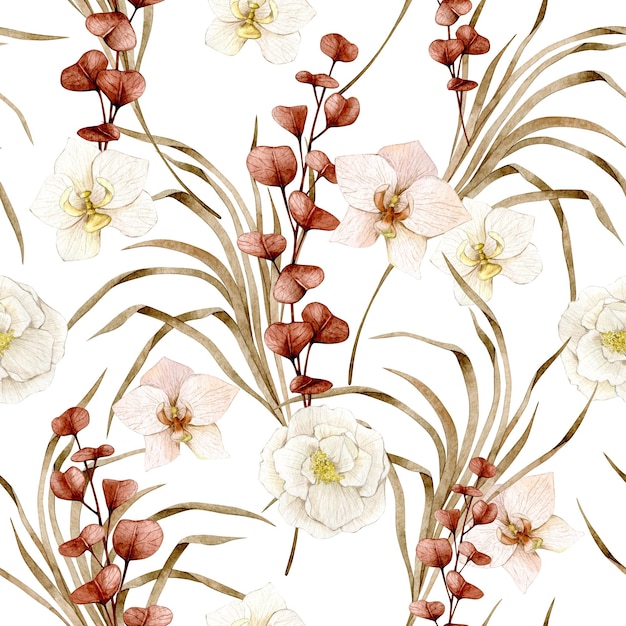 Modèle sans couture aquarelle avec boho fleurs orchidée eucalyptus herbe sèche Clipart dessiné à la main