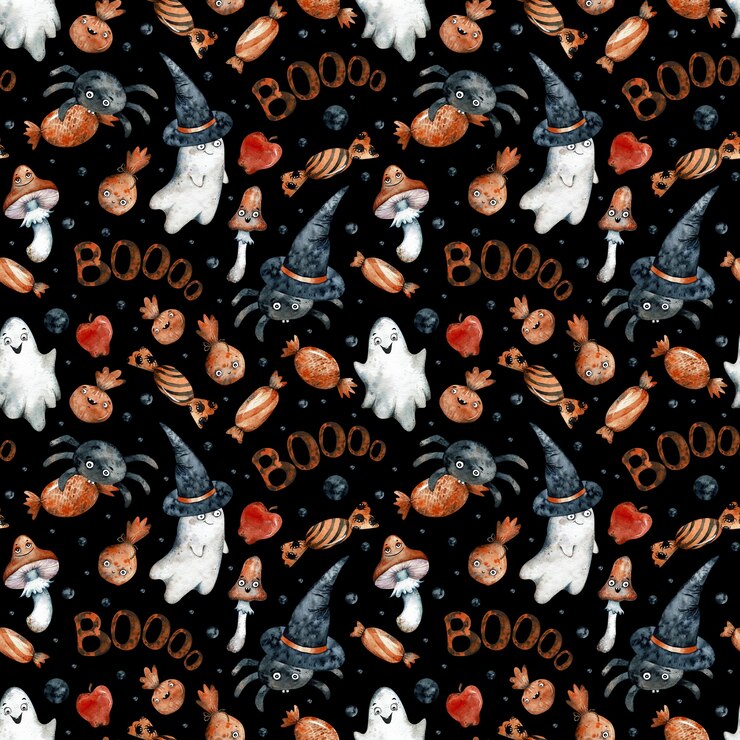 Modèle sans couture aquarelle avec des bonbons d'Halloween orange, des citrouilles, des fantômes, des champignons, des chapeaux noirs et des pointes