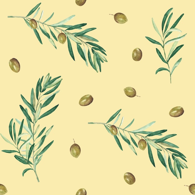 Photo le modèle sans couture d'aquarelle avec des branches des olives vertes sur un fond beige peut être employé pour