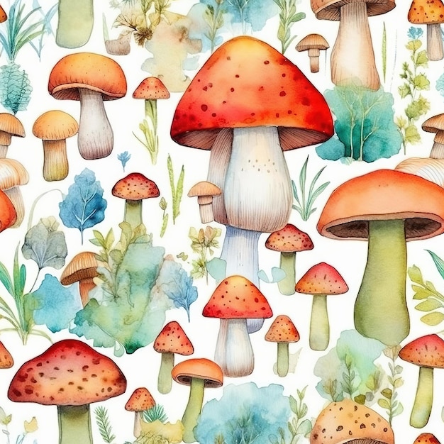 Modèle sans couture aquarelle avec un champignon. fond aquarelle.