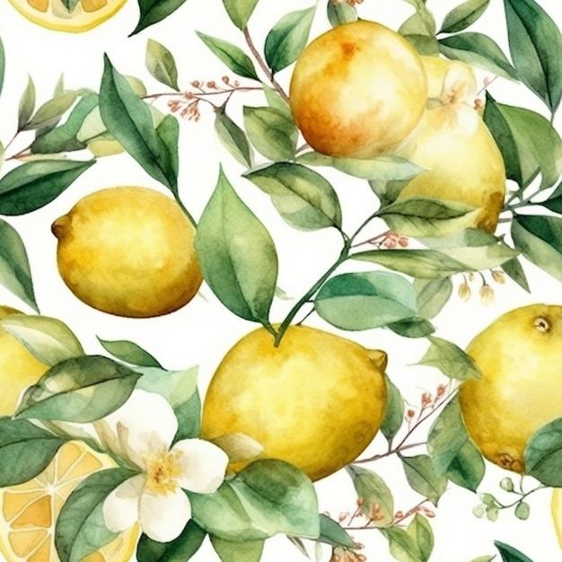 Modèle sans couture aquarelle avec citrons et fleurs sur fond blanc.