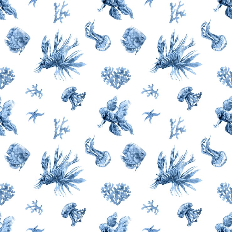 Photo modèle sans couture aquarelle corail bleu marine. océan, habitants de la mer sous-marine, poisson, méduse, hippocampe, ensemble d'actinium. impression textile tendance tropicale d'été