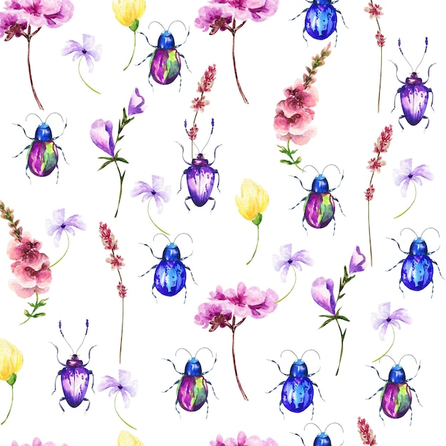 Modèle sans couture aquarelle dessiné à la main d'insectes et de fleurs réalistes colorés lumineux Art des médias mixtes