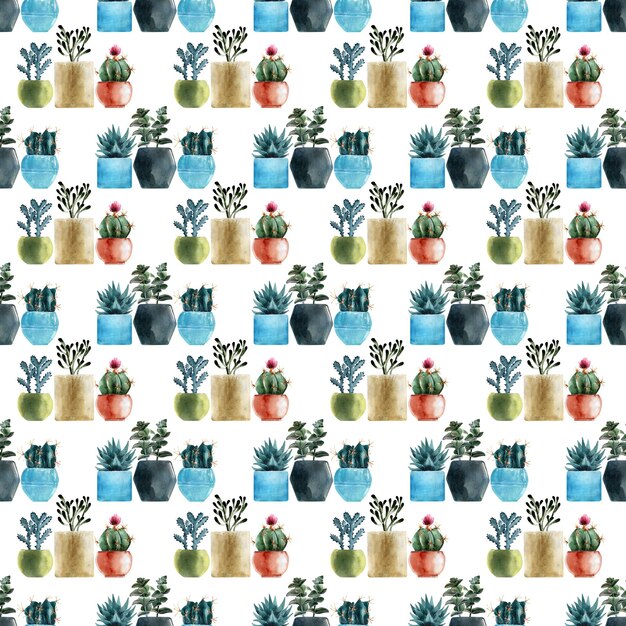 Modèle sans couture aquarelle avec différents types de cactus dans des pots multicolores