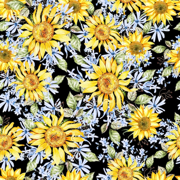 Modèle sans couture aquarelle avec fleurs jaunes et bleues Illustration