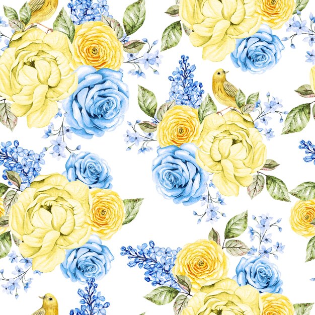 Modèle sans couture aquarelle avec fleurs jaunes et bleues Illustration