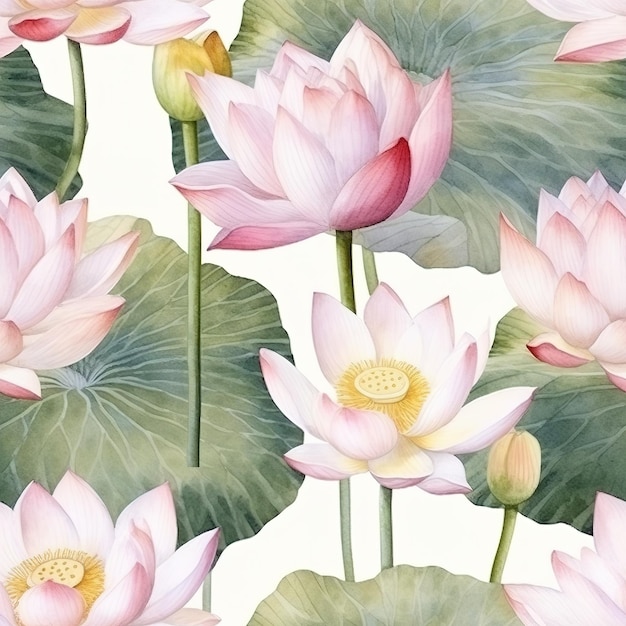 Modèle sans couture aquarelle avec des fleurs de lotus sur fond blanc.