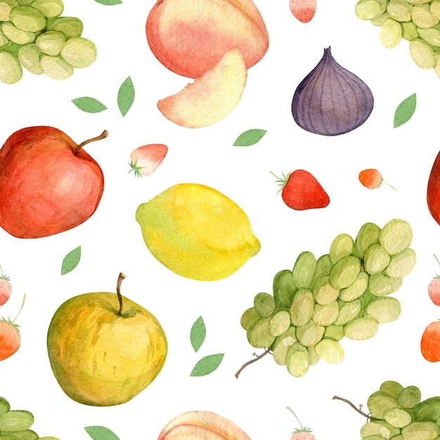 Modèle sans couture aquarelle sur fond blanc avec des illustrations de différents fruits et baies Modèle pour décorer une cuisine ou une salle à manger Modèle pour textiles