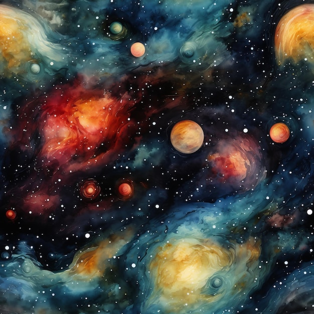 Modèle sans couture d'une aquarelle d'une galaxie avec étoiles et planètes 18