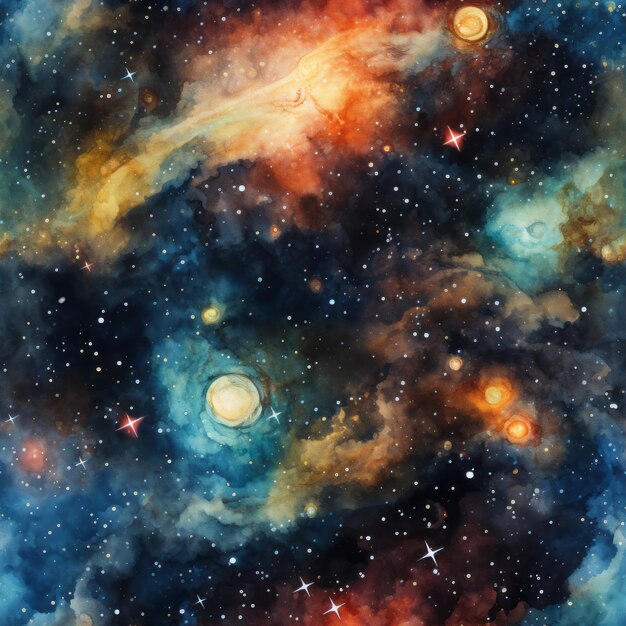 Modèle sans couture d'une aquarelle d'une galaxie avec étoiles et planètes 6