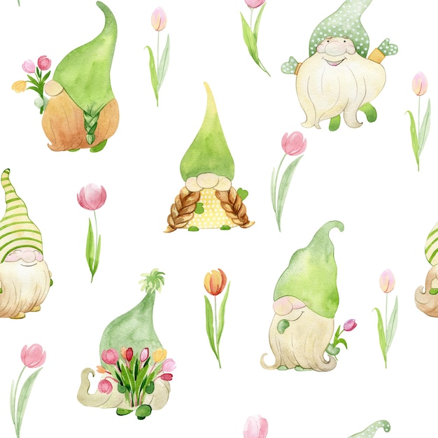 Modèle sans couture aquarelle avec gnomes de printemps