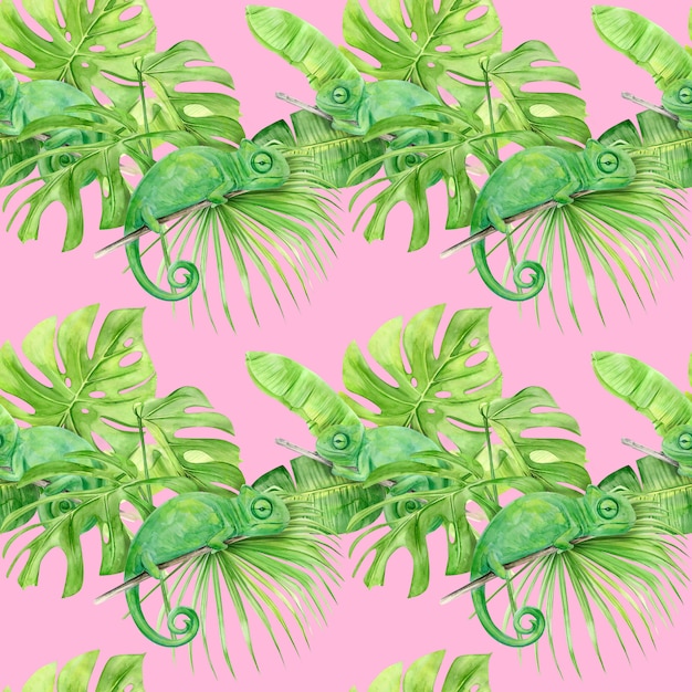 Modèle sans couture aquarelle illustration de feuilles tropicales et caméléon.