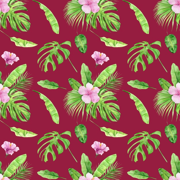 Modèle Sans Couture Aquarelle Illustration De Feuilles Tropicales Et Hibiscus De Fleurs.