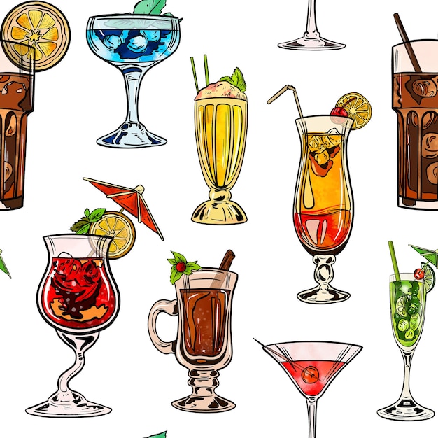 Photo modèle sans couture aquarelle illustration numérique de cocktails de différentes formes