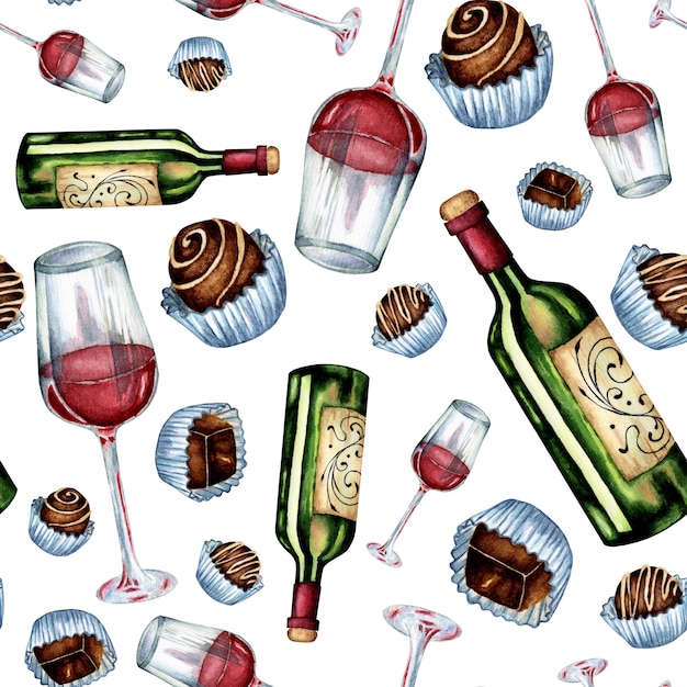 Modèle sans couture aquarelle d'illustration de vin et de bonbons