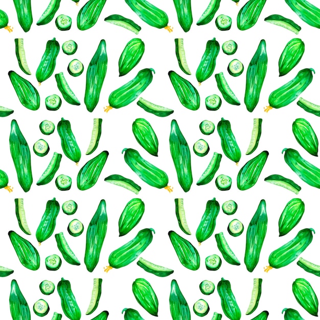 Modèle sans couture aquarelle de légumes verts concombre en tranches