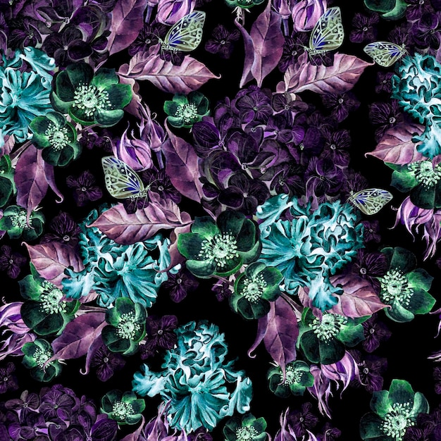 Modèle sans couture aquarelle lumineuse avec fleurs iris anémones et hortensia