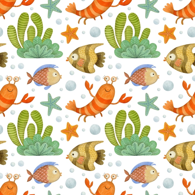 Modèle sans couture aquarelle mer amis crevettes poissons algues étoiles de mer