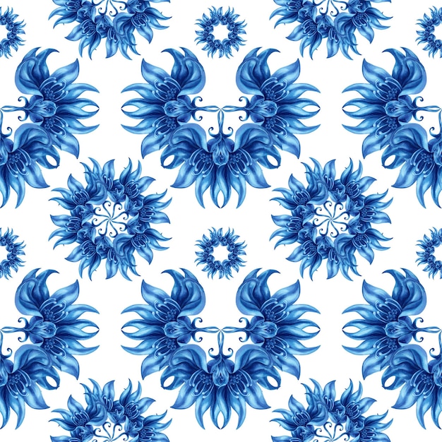 Modèle sans couture aquarelle monochrome avec algues fleurs magiques bleues abstraites