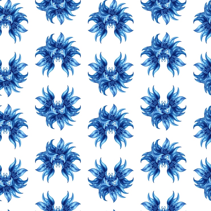 Photo modèle sans couture aquarelle monochrome avec des algues et des poissons de fleurs magiques bleues abstraites