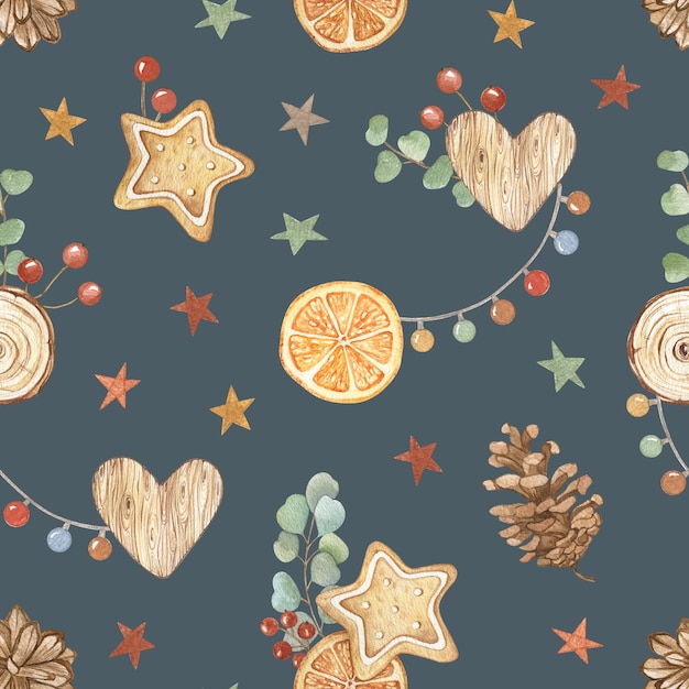 Modèle sans couture aquarelle de Noël avec des biscuits au gingembre eucalyptus orange fruits étoiles guirlande Fond de vacances fait à la main Conception cartes papier peint affiches tissu textile papier d'emballage