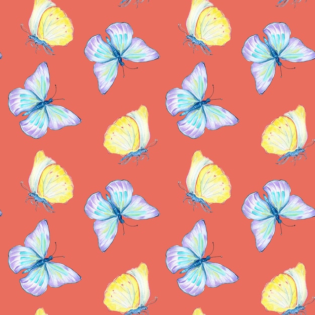 Modèle sans couture aquarelle de papillons jaunes bleus de prairie sur rose