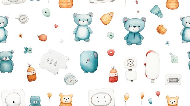 Modèle sans couture aquarelle peint à la main minimaliste avec des jouets pour bébés et des sucettes générées par l'IA