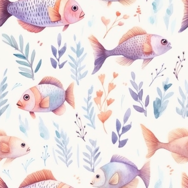 Modèle sans couture aquarelle avec poisson sur fond blanc