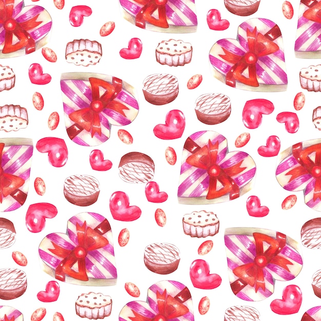 Modèle sans couture aquarelle Saint Valentin fond coloré peint à la main avec des coeurs et des bonbons roses et rouges