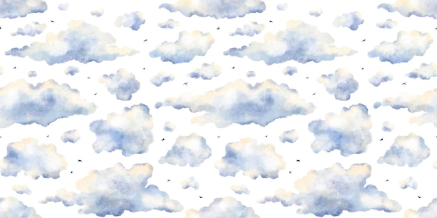 Modèle sans couture aquarelle avec silhouettes de nuages bleus oiseaux sur fond blanc Cloudscape nuageux