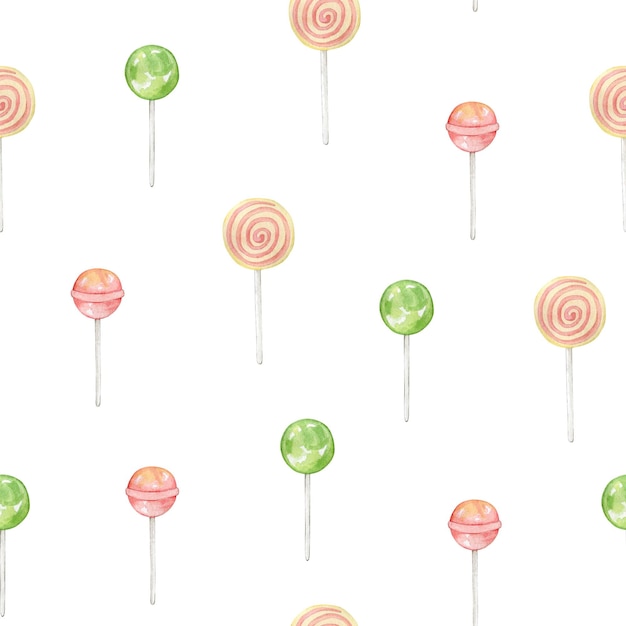 Modèle sans couture aquarelle avec sucette bonbon pop isolé sur fond blanc clipart dessiné à la main