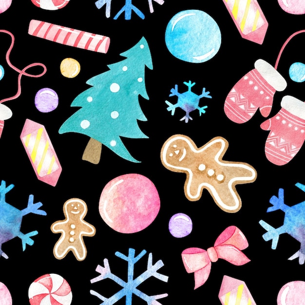 Modèle sans couture aquarelle sur le thème du Nouvel An et de Noël Pour la conception de cartes postales d'impression et de textiles enveloppant des autocollants de boîtes de vacances en papier