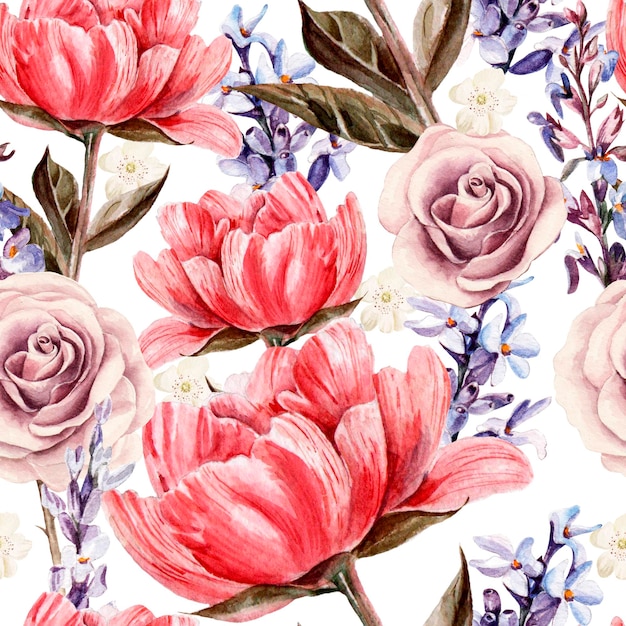 Modèle sans couture avec aquarelles fleurs pivoines rose lavande