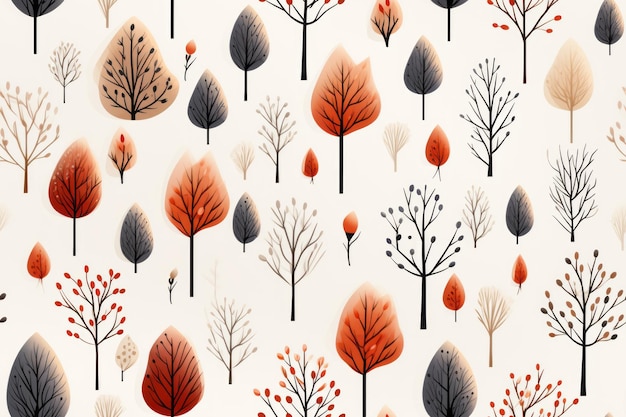 modèle sans couture d'arbres d'automne avec des feuilles rouges orange et noires sur fond blanc