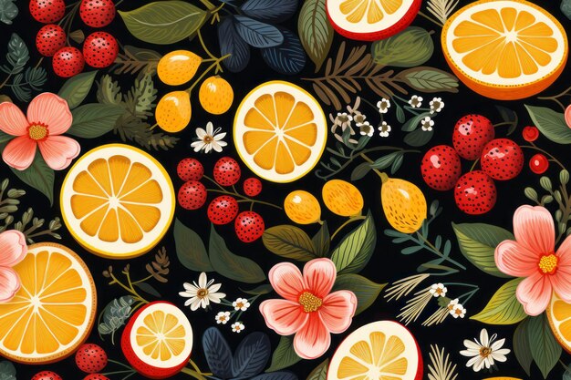 modèle sans couture avec des baies d'oranges et des fleurs sur fond noir