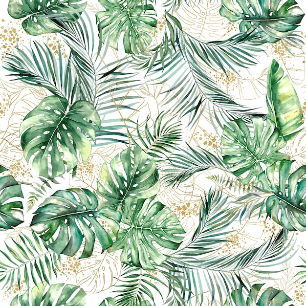 Modèle sans couture avec banane de palmier tropical aquarelle verte et dorée et illustration de feuilles de monstera Élément élégant pour les cartes de voeux de conception de mariage et l'artisanat