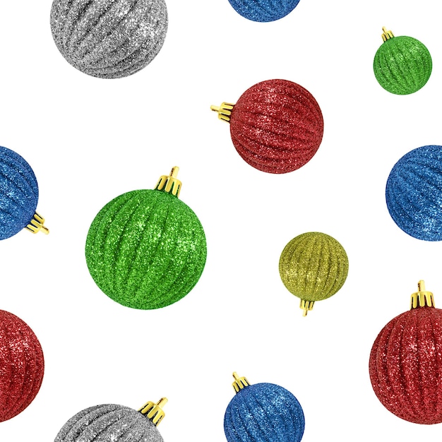Modèle sans couture de boules de Noël multicolores sur blanc.