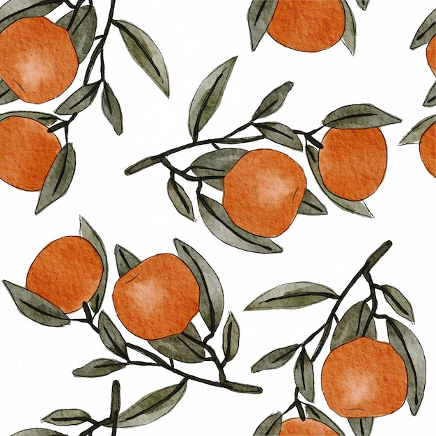 Modèle sans couture de branche d'orange de style vintage isolé sur fond blanc Fruit tropical à l'aquarelle